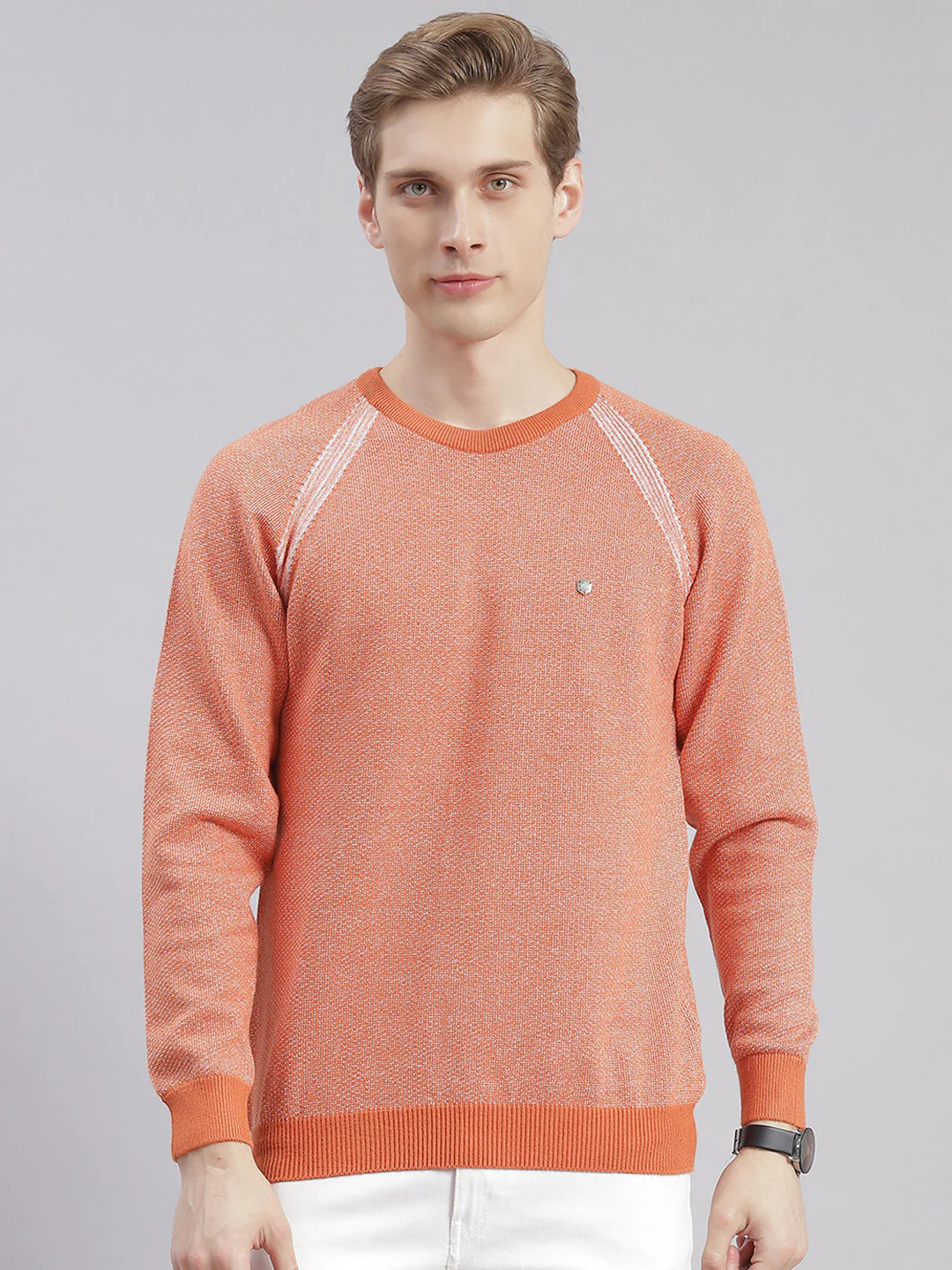 Men Rust Solid Round Neck Full Sleeve Sweaters/Pullovers - Image 3