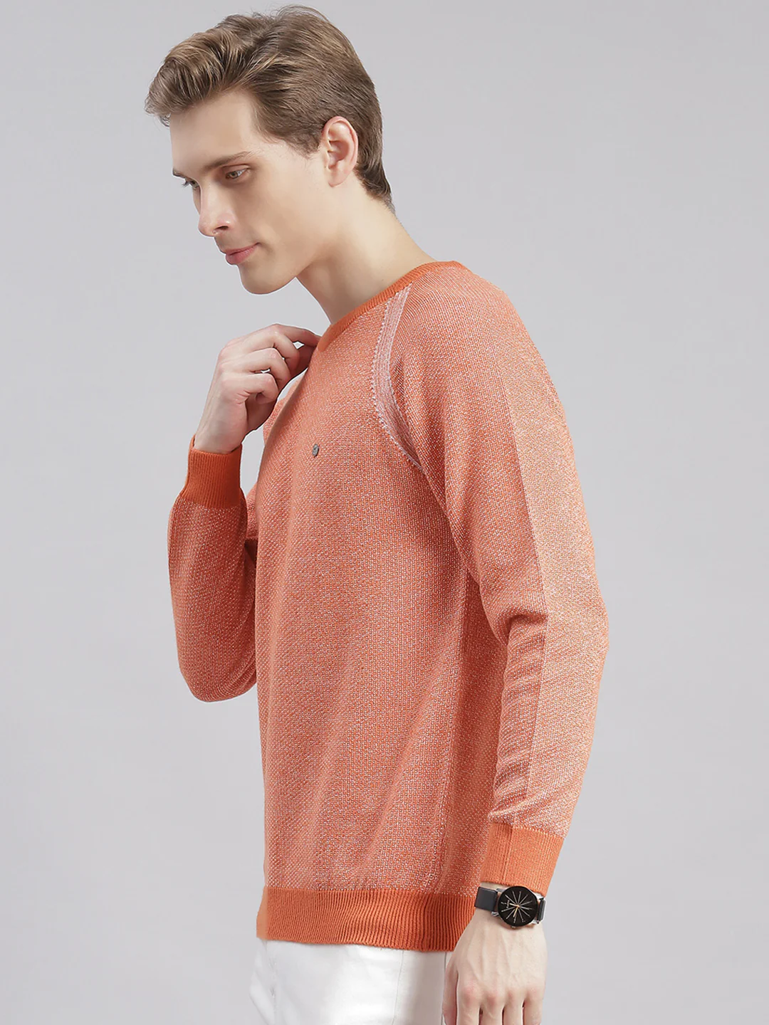 Men Rust Solid Round Neck Full Sleeve Sweaters/Pullovers - Image 4
