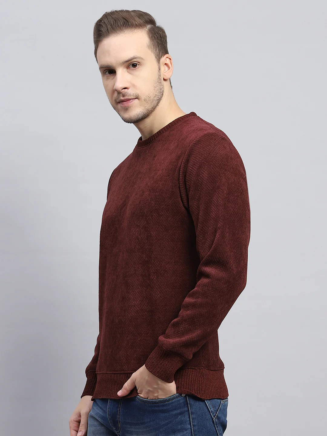 Men Rust Solid Round Neck Full Sleeve Sweatshirt - Image 2