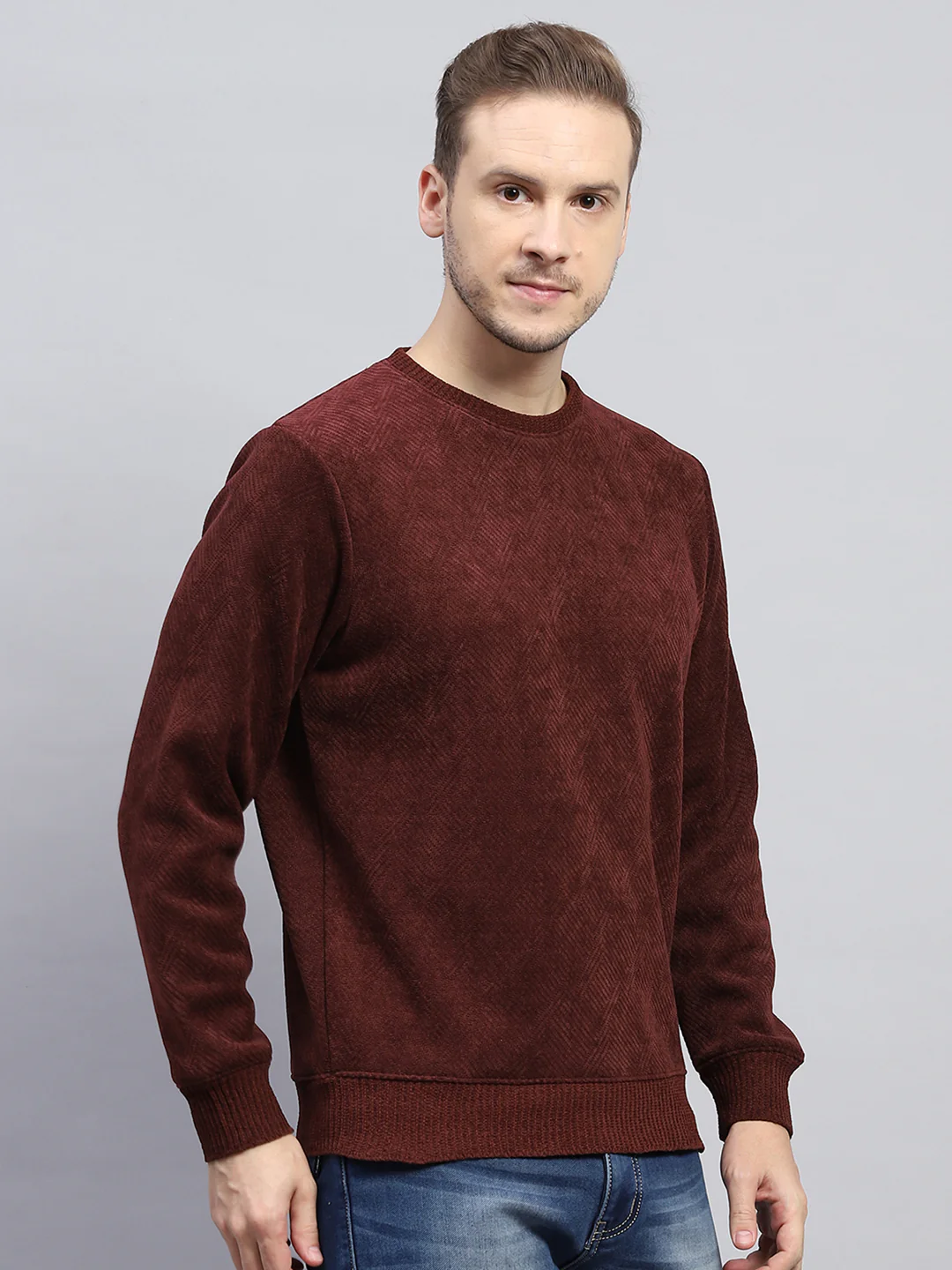 Men Rust Solid Round Neck Full Sleeve Sweatshirt - Image 3