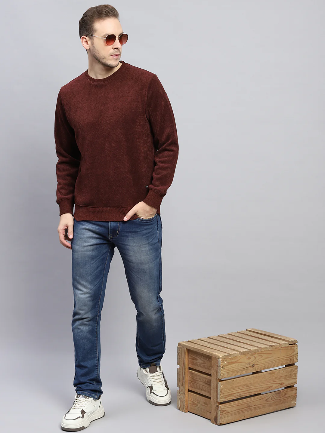 Men Rust Solid Round Neck Full Sleeve Sweatshirt - Image 5