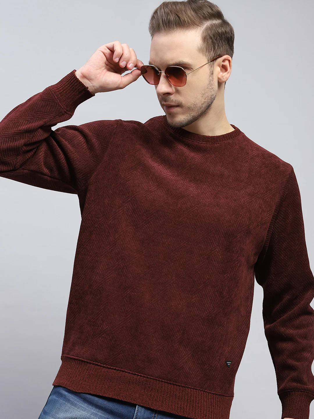 Men Rust Solid Round Neck Full Sleeve Sweatshirt - Image 6