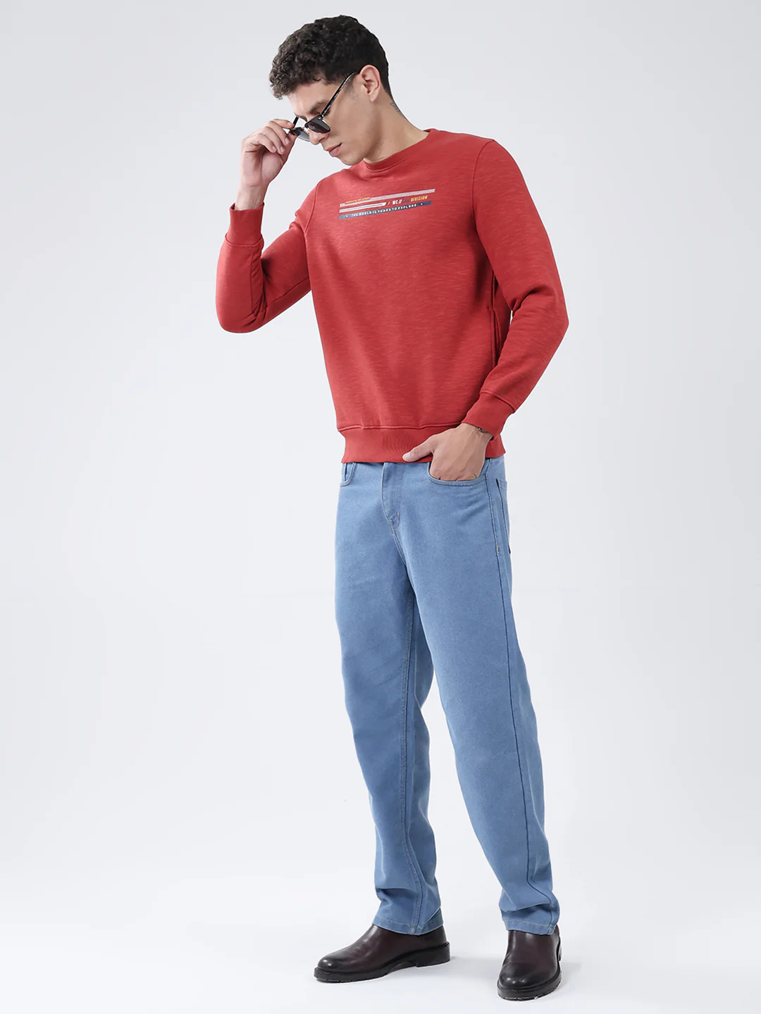 Men Rust Solid Round Neck Full Sleeve Sweatshirt - Image 2