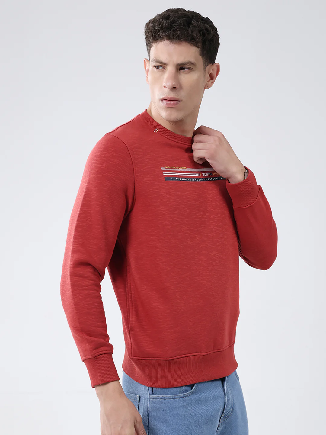 Men Rust Solid Round Neck Full Sleeve Sweatshirt - Image 4
