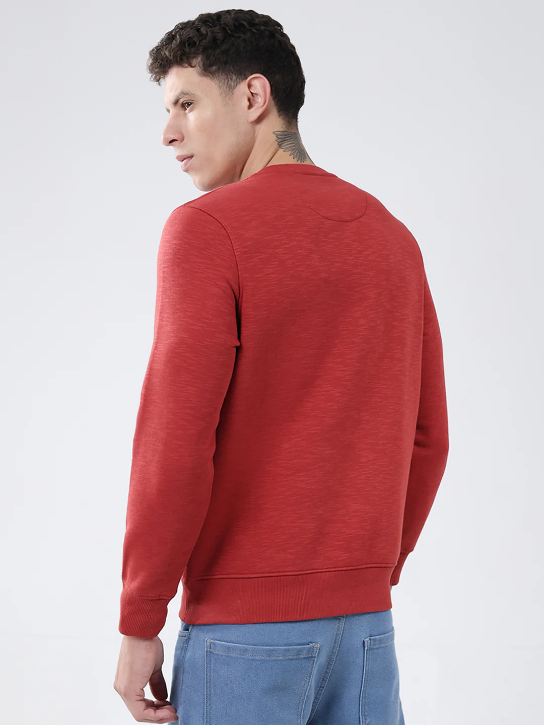 Men Rust Solid Round Neck Full Sleeve Sweatshirt - Image 5