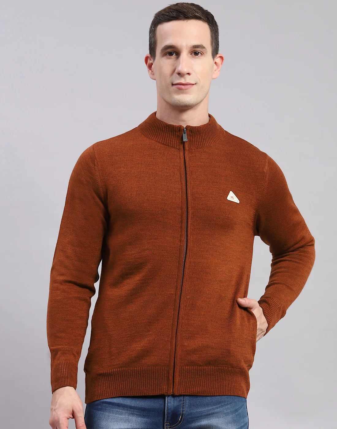 Men Rust Solid Stand Collar Full Sleeve Pullover - Image 3