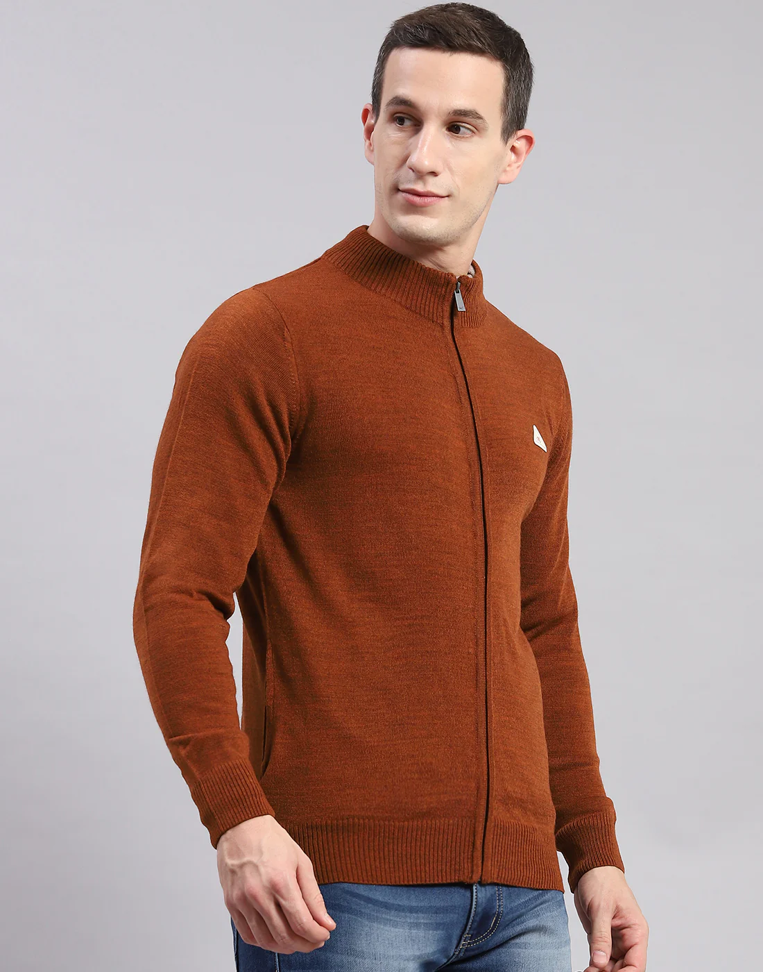 Men Rust Solid Stand Collar Full Sleeve Pullover - Image 4