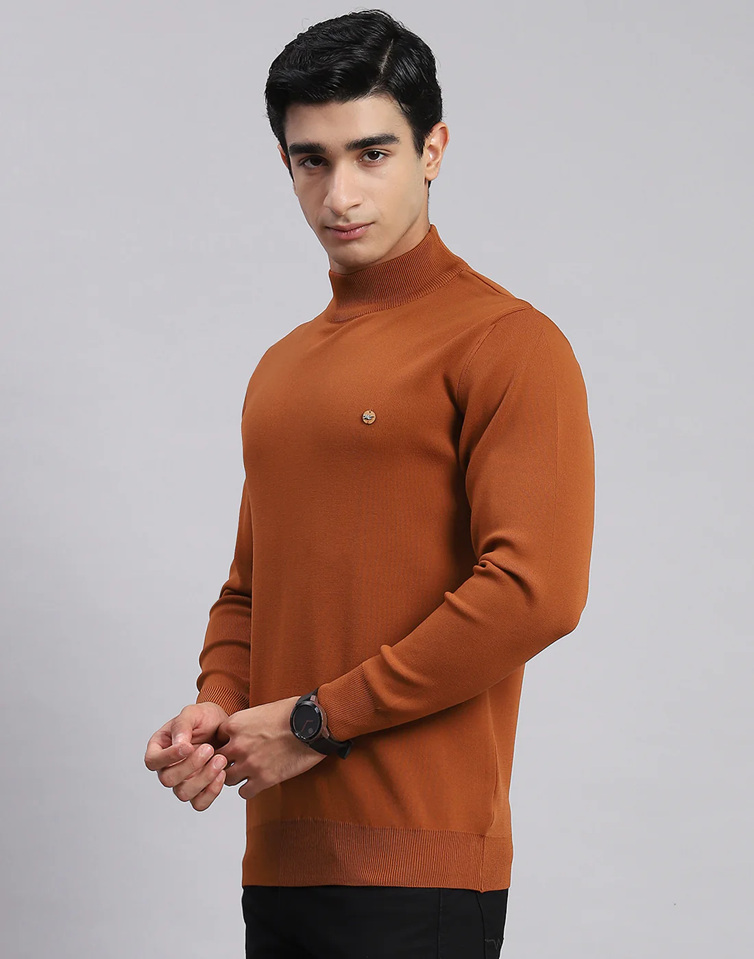 Men Rust Solid T Neck Full Sleeve Sweaters/Pullovers - Image 4
