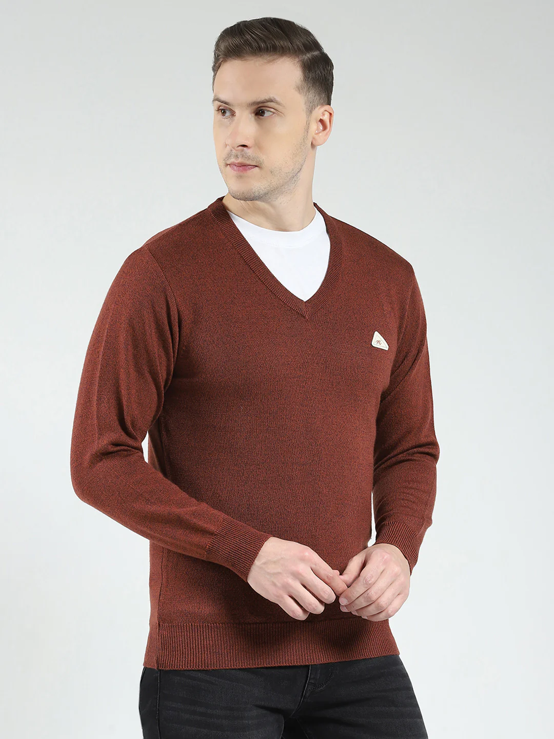 Men Rust Solid V Neck Full Sleeve Pullover - Image 4
