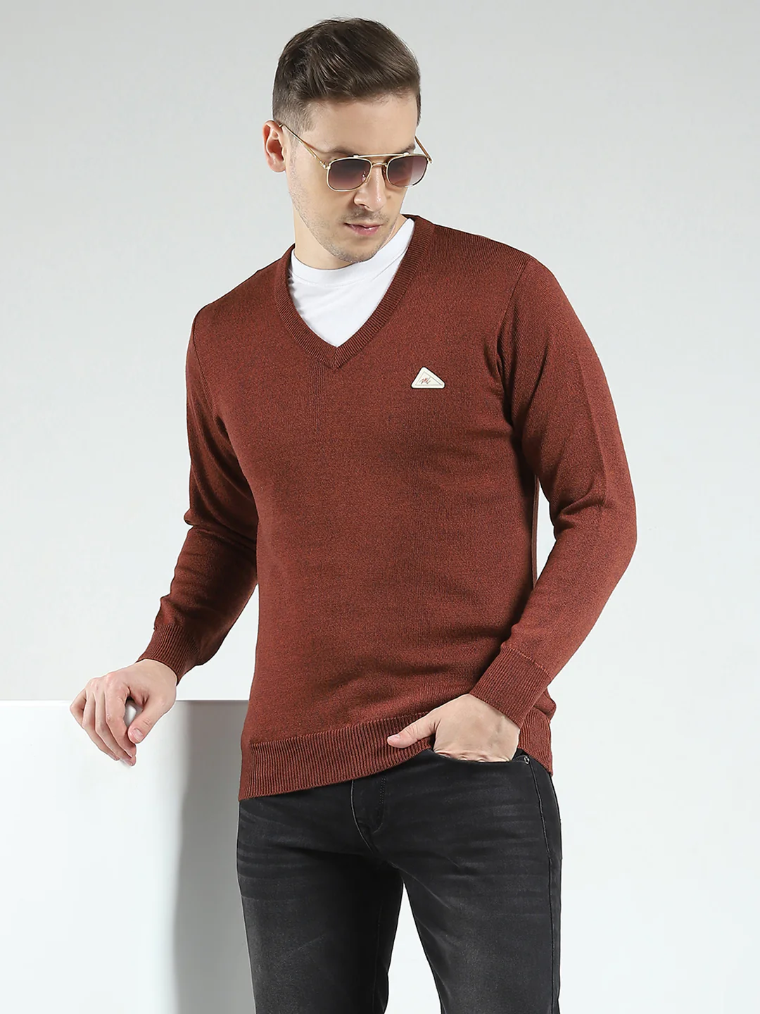 Men Rust Solid V Neck Full Sleeve Pullover - Image 6