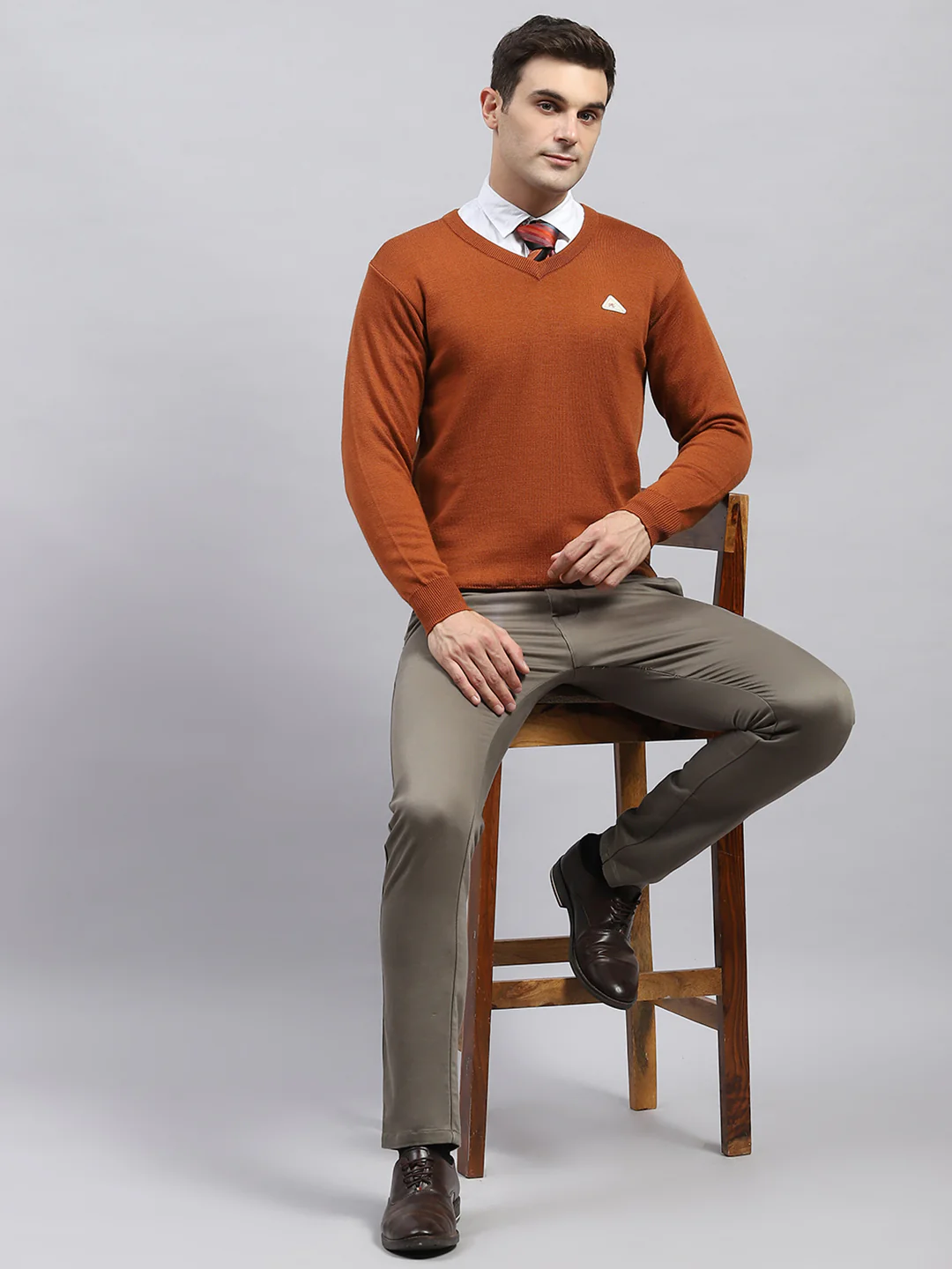 Men Rust Solid V Neck Full Sleeve Pullover - Image 2