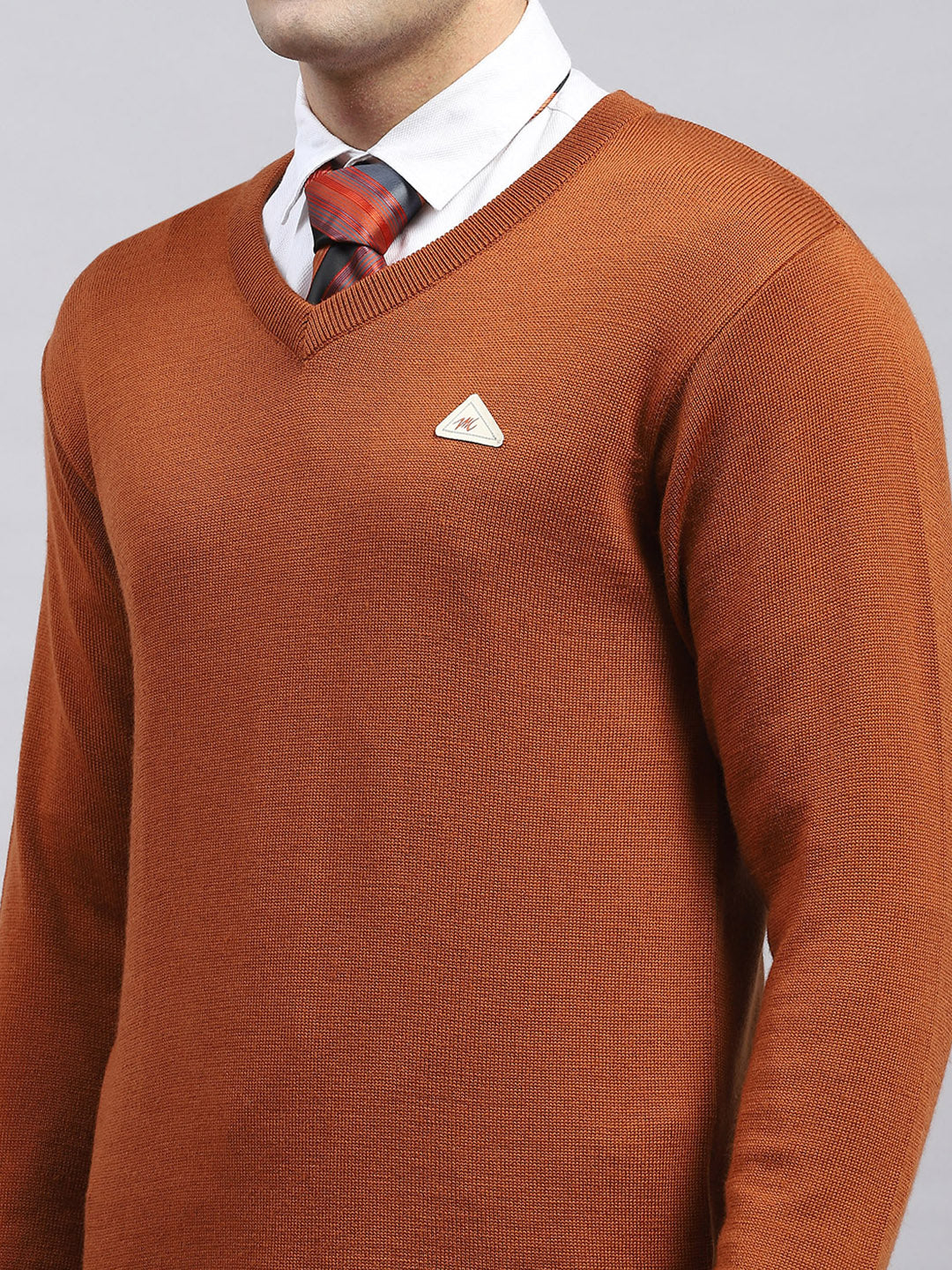 Men Rust Solid V Neck Full Sleeve Pullover - Image 6