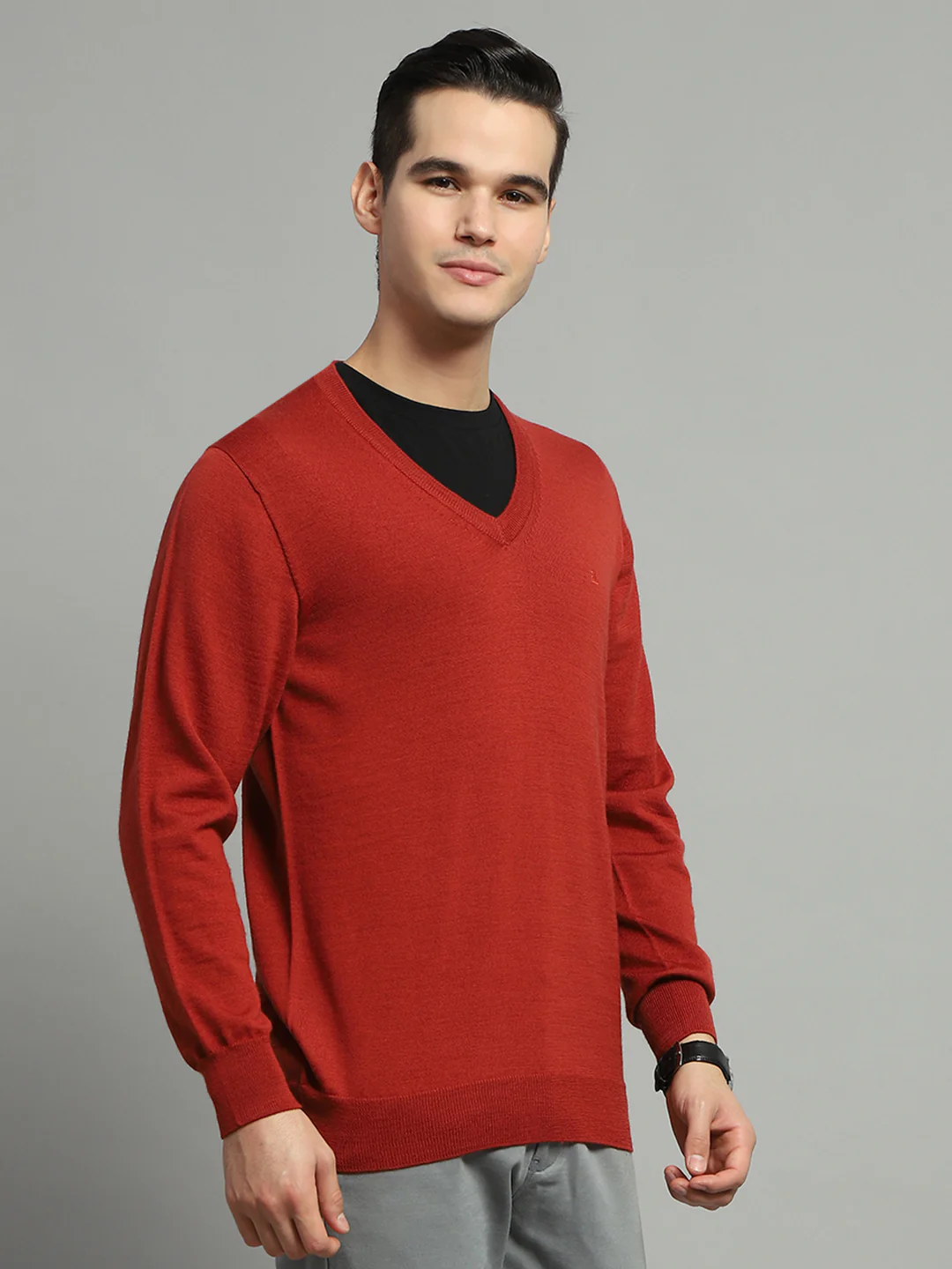Luxuria Men Rust Solid V Neck Full Sleeve Pullover - Image 4