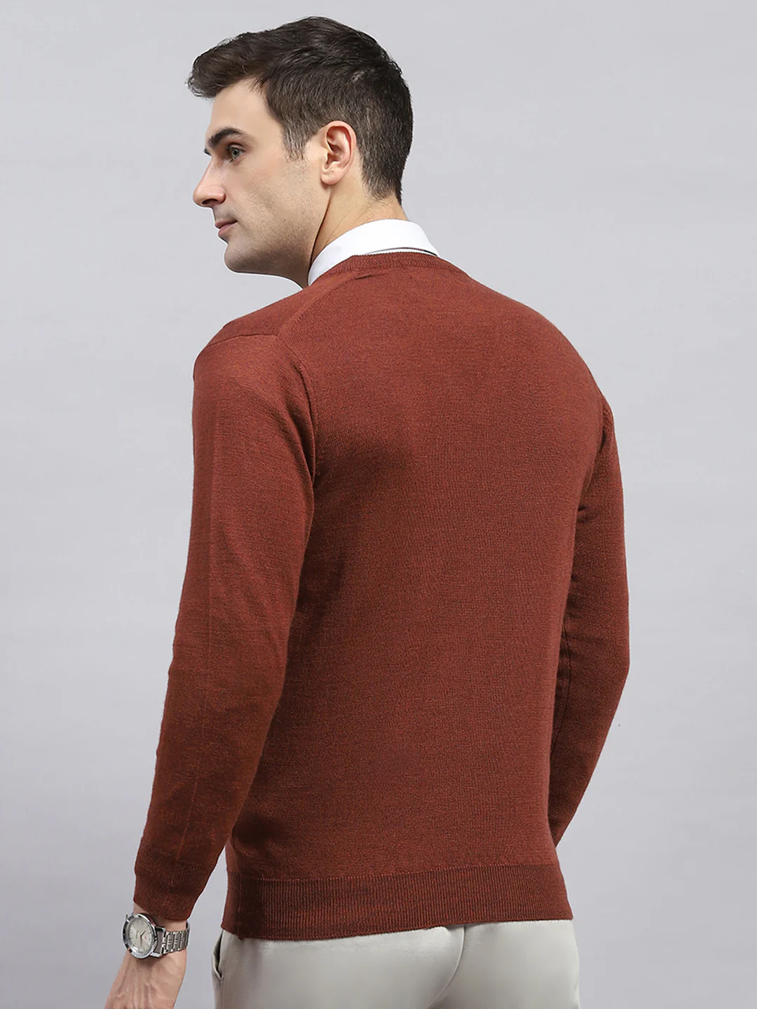 Men Rust Solid V Neck Full Sleeve Pullover - Image 5