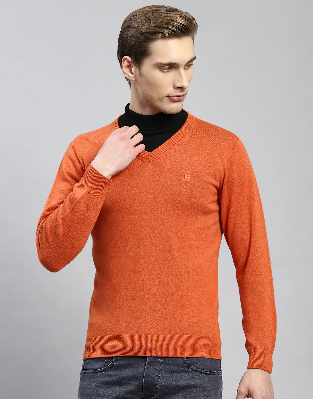 Men Rust Solid V Neck Full Sleeve Pullover - Image 2