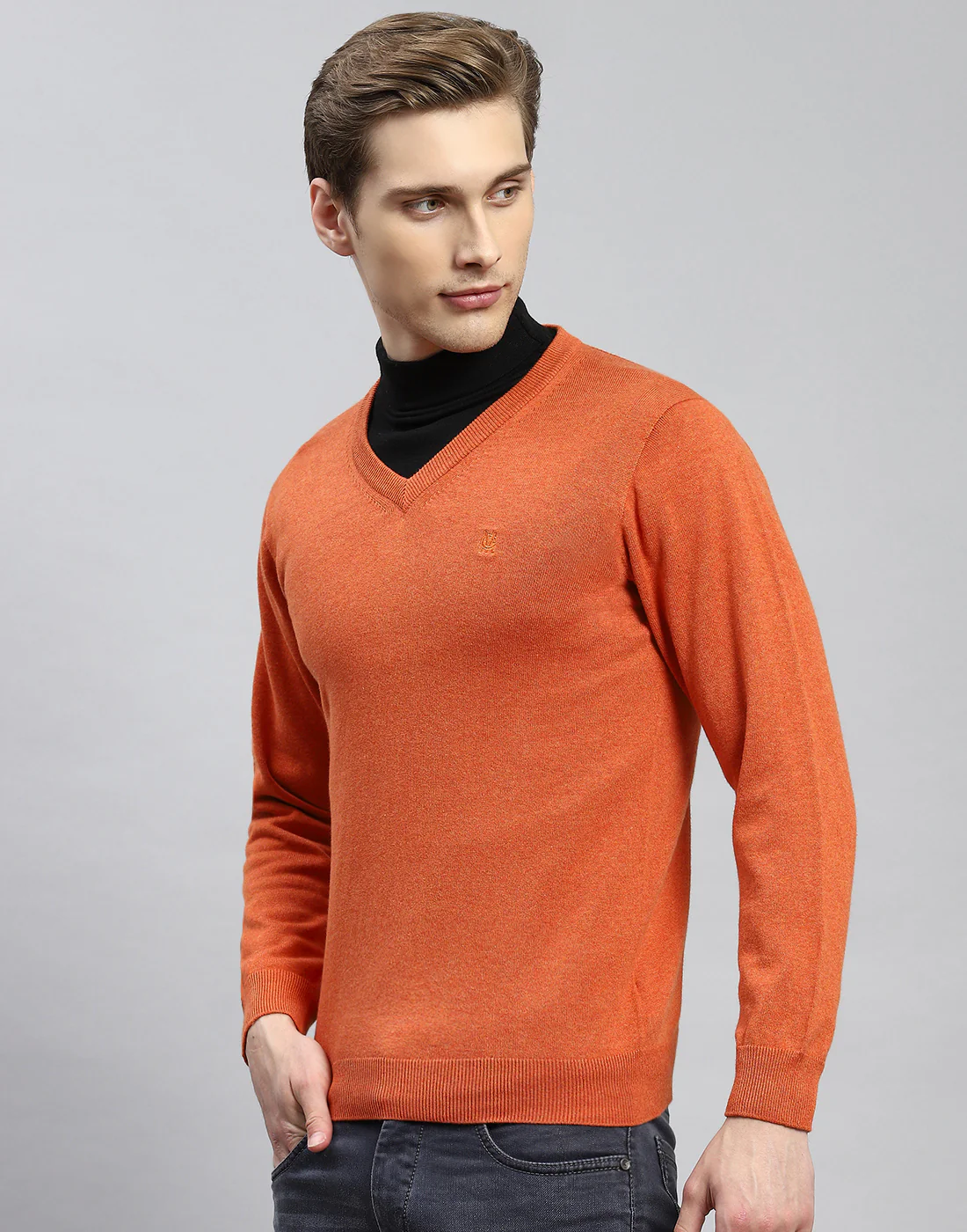 Men Rust Solid V Neck Full Sleeve Pullover - Image 3