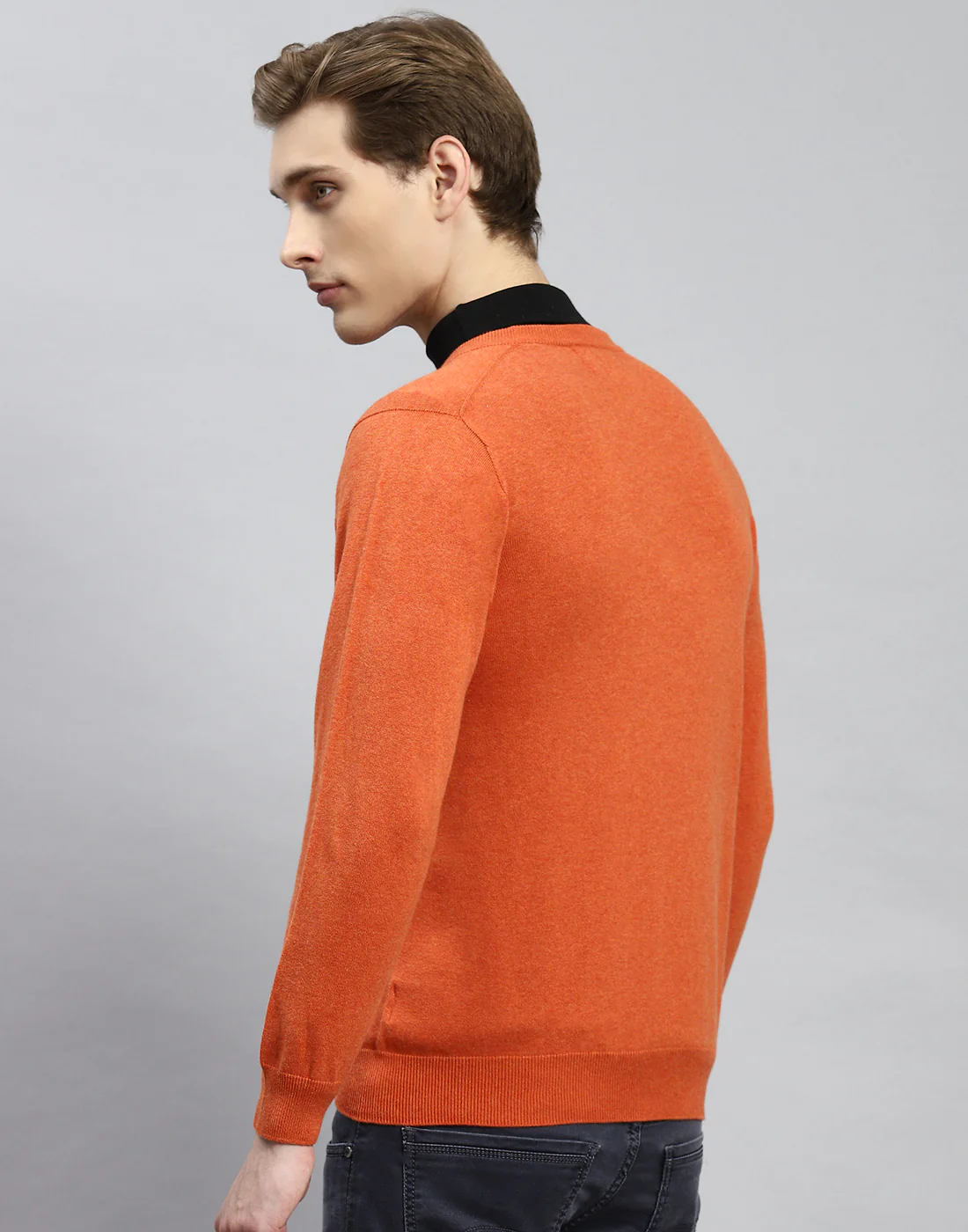 Men Rust Solid V Neck Full Sleeve Pullover - Image 5