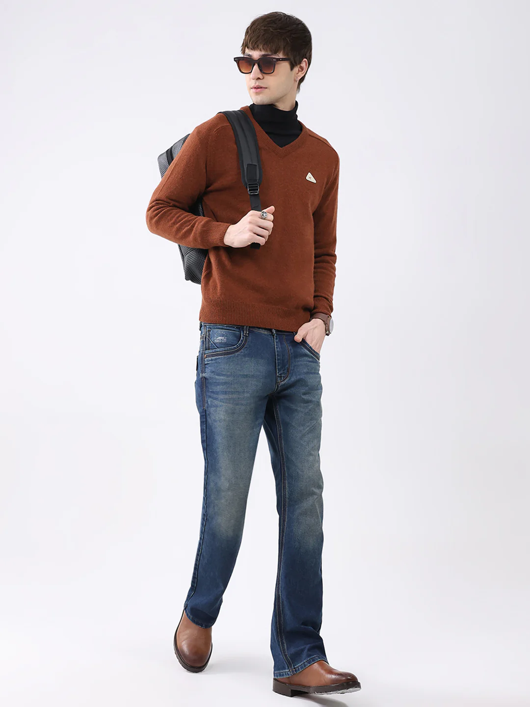 Men Rust Solid V Neck Full Sleeve Pullover - Image 2