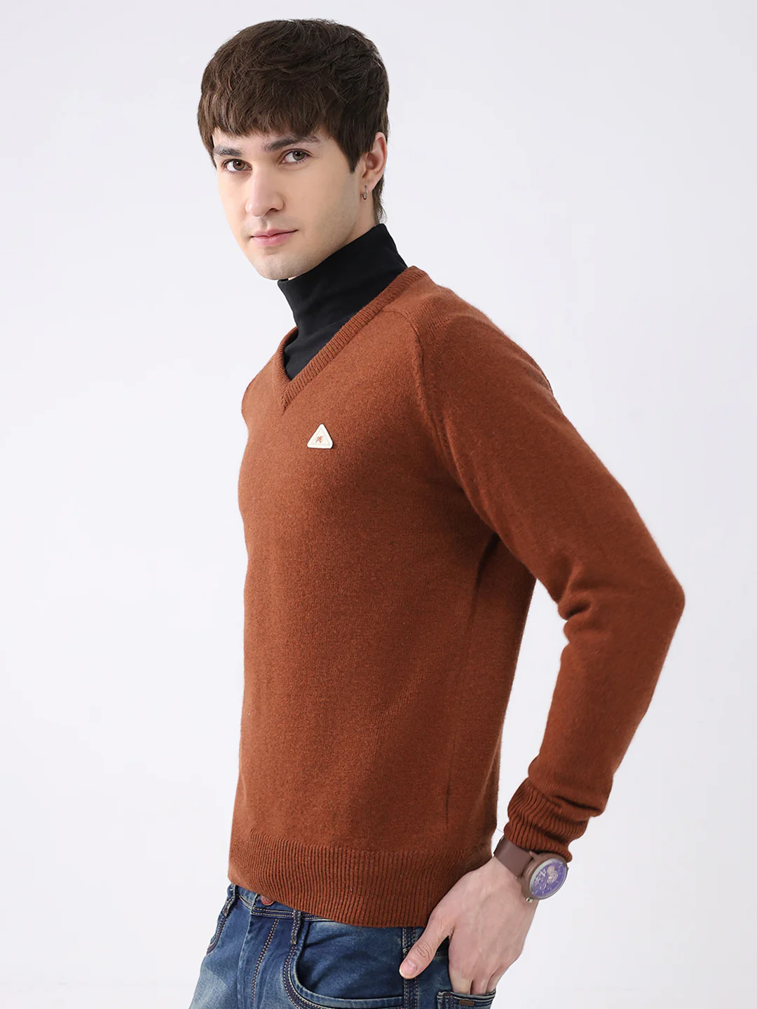 Men Rust Solid V Neck Full Sleeve Pullover - Image 3