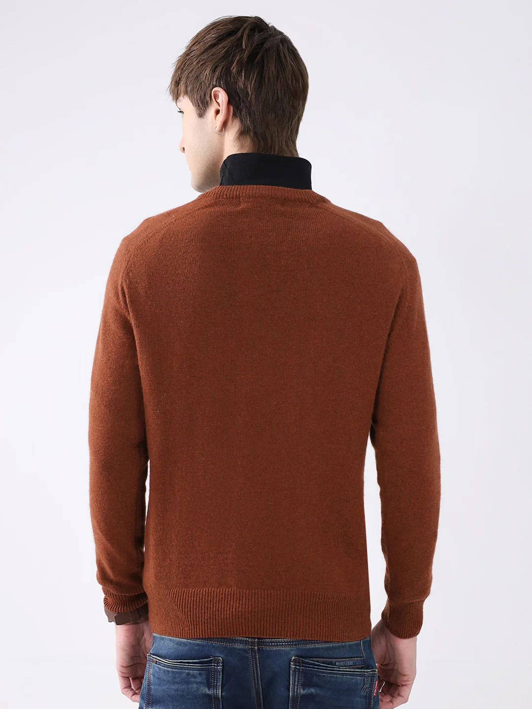 Men Rust Solid V Neck Full Sleeve Pullover - Image 5