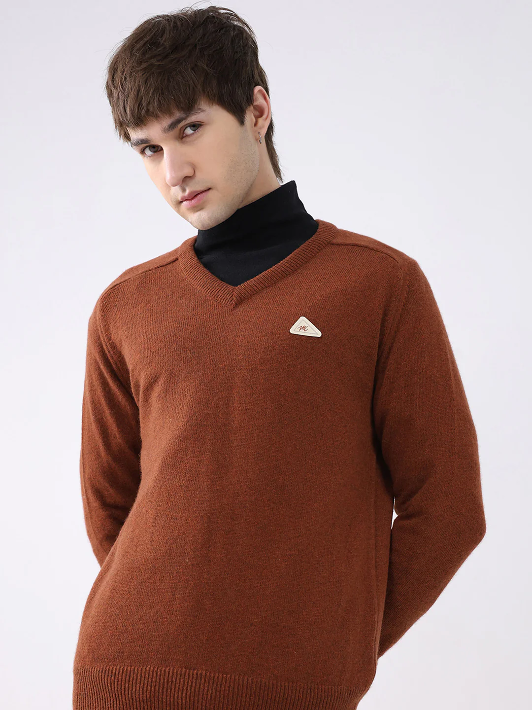 Men Rust Solid V Neck Full Sleeve Pullover - Image 6