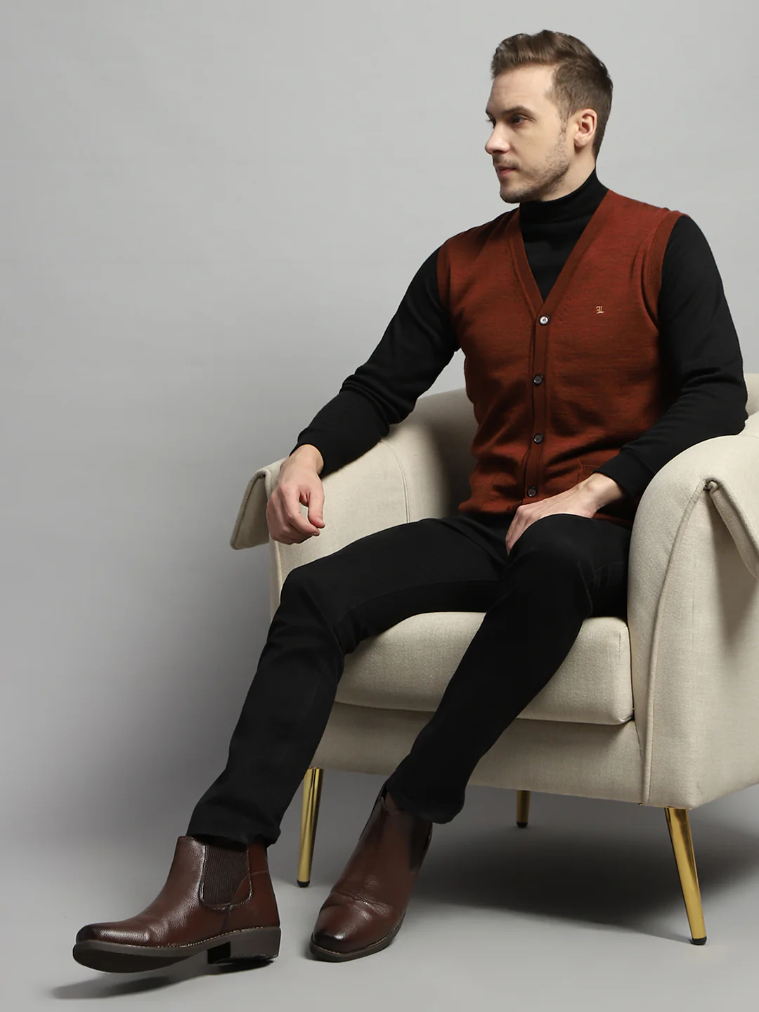 Luxuria Men Rust Solid V Neck Sleeveless Cardigan - Image 2