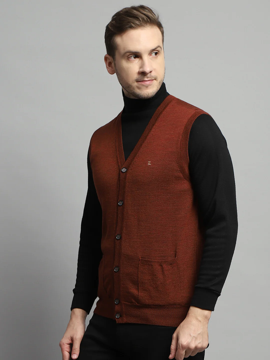 Luxuria Men Rust Solid V Neck Sleeveless Cardigan - Image 3