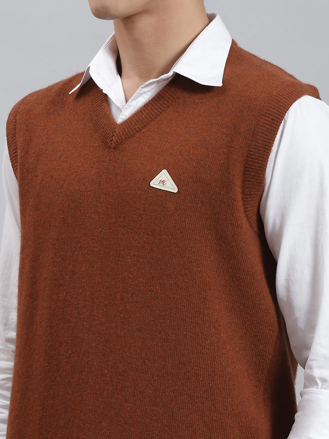 Men Rust Solid V Neck Sleeveless Sweaters/Pullovers - Image 6