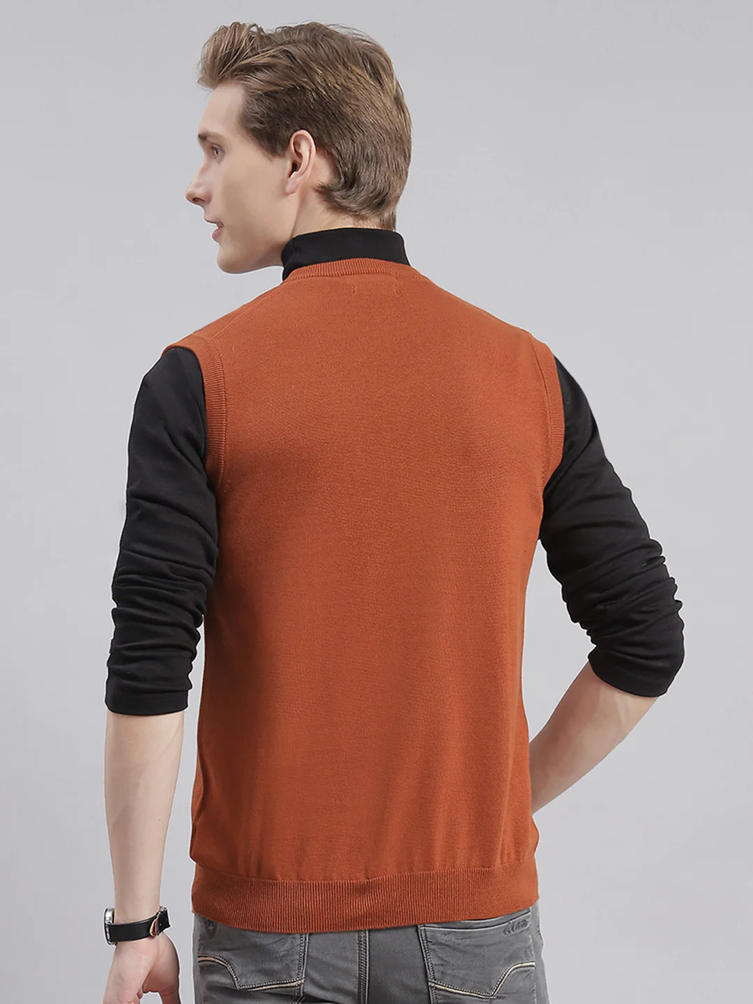 Men Rust Solid V Neck Sleeveless Sweaters/Pullovers - Image 4