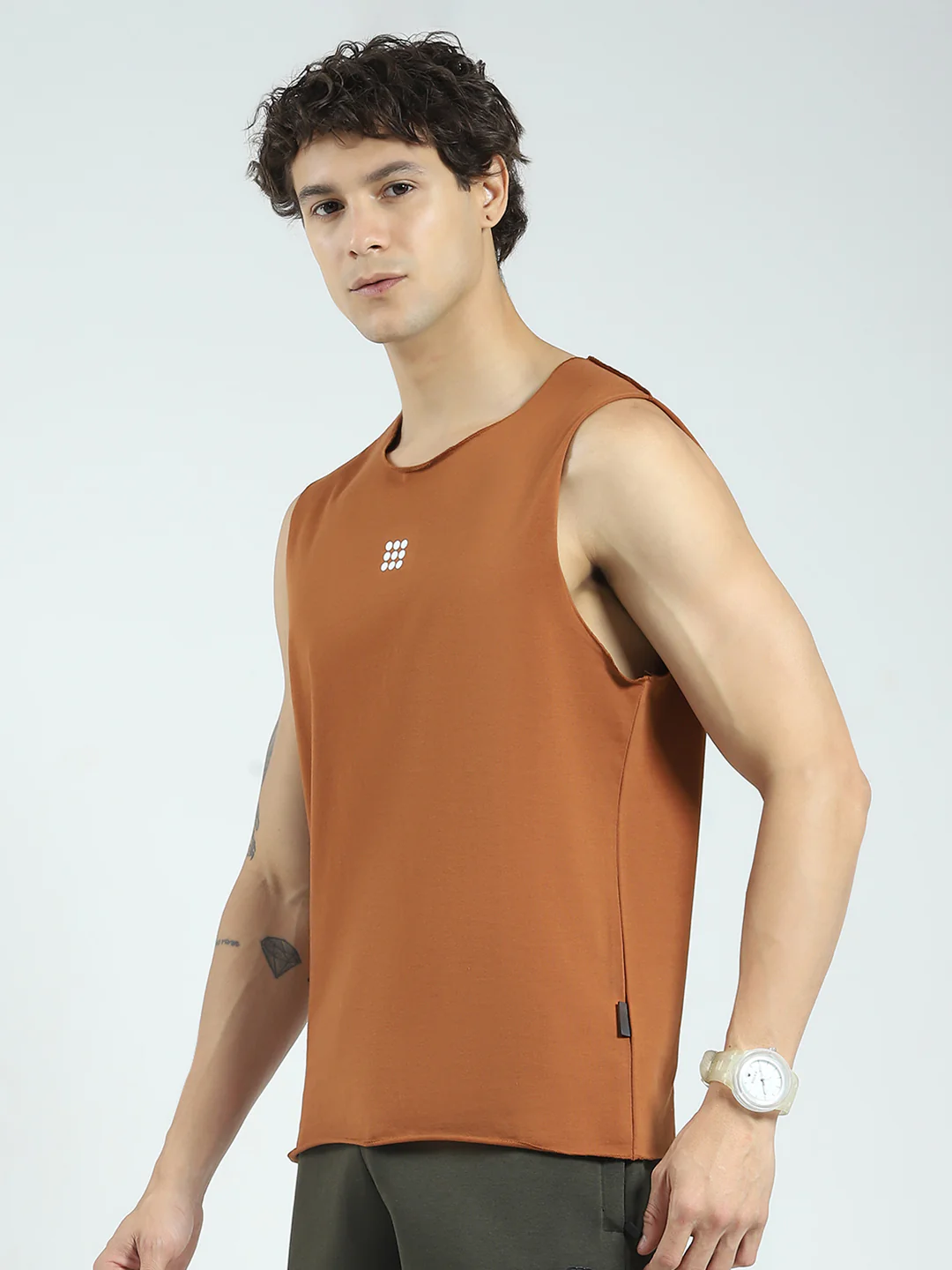 Rock.it Men Rust Solid Round Neck Sleeveless T-Shirt - Image 3