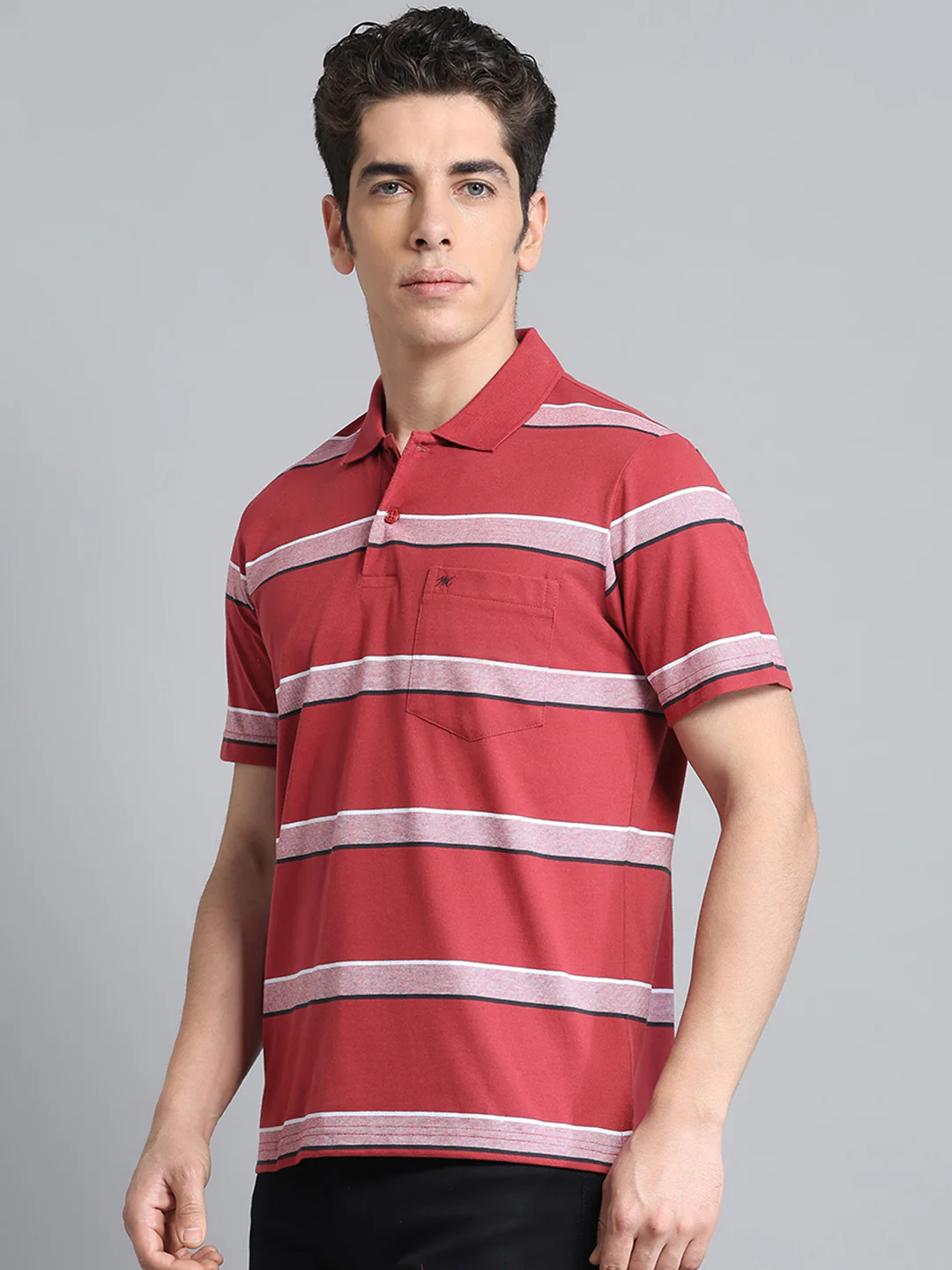 Men Rust Stripe Collar Half Sleeve T-Shirt - Image 3