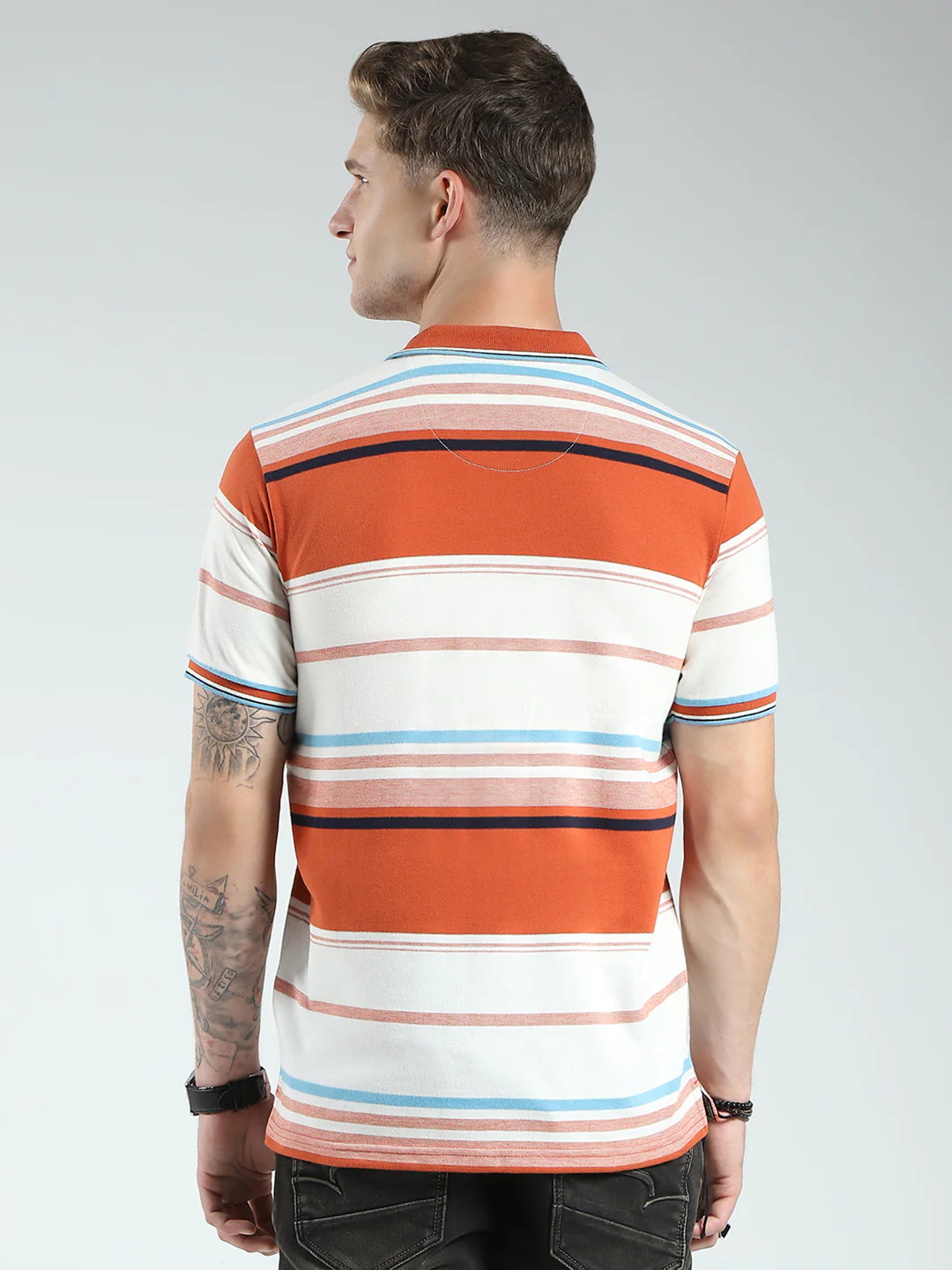 Men Rust Stripe Collar Half Sleeve T-Shirt - Image 5