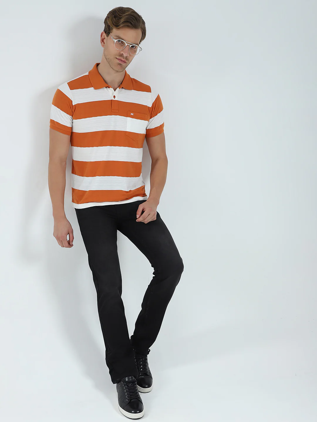 Men Rust Stripe Collar Half Sleeve T-Shirt - Image 2