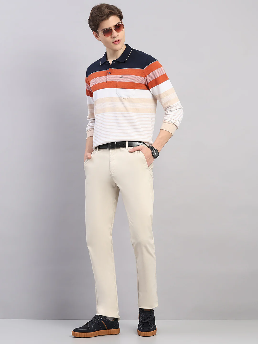 Men Rust Stripe Polo Collar Full Sleeve Winter T-Shirt - Image 2