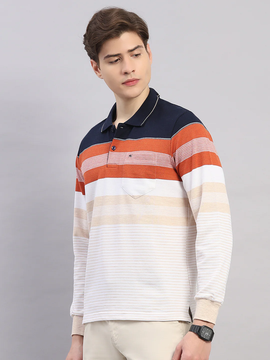 Men Rust Stripe Polo Collar Full Sleeve Winter T-Shirt - Image 3
