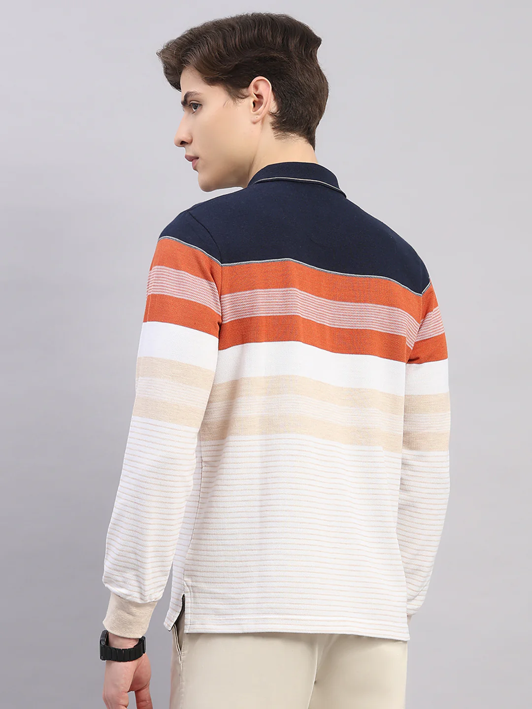 Men Rust Stripe Polo Collar Full Sleeve Winter T-Shirt - Image 5