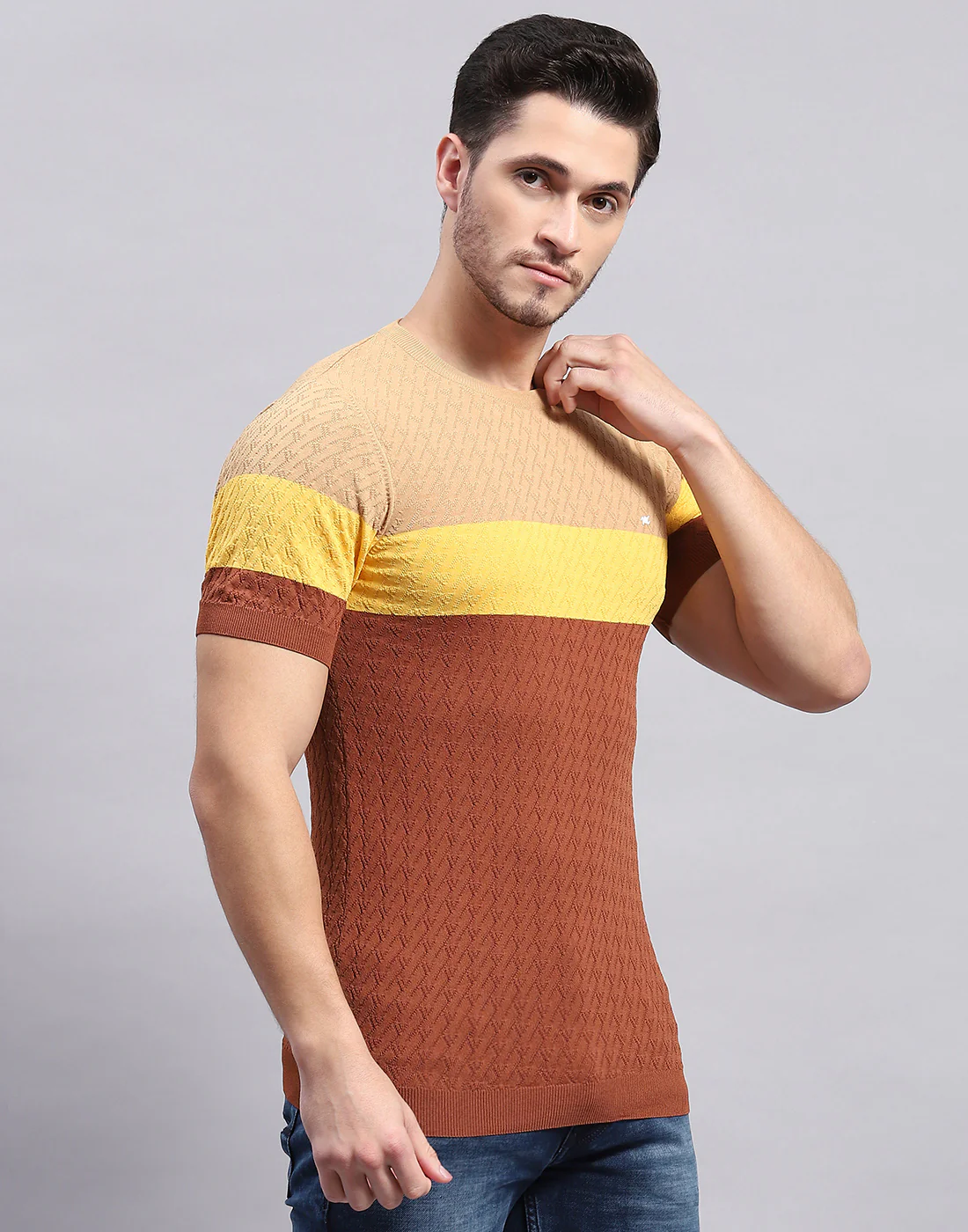 Men Rust Stripe Round Neck Half Sleeve T-Shirt - Image 4