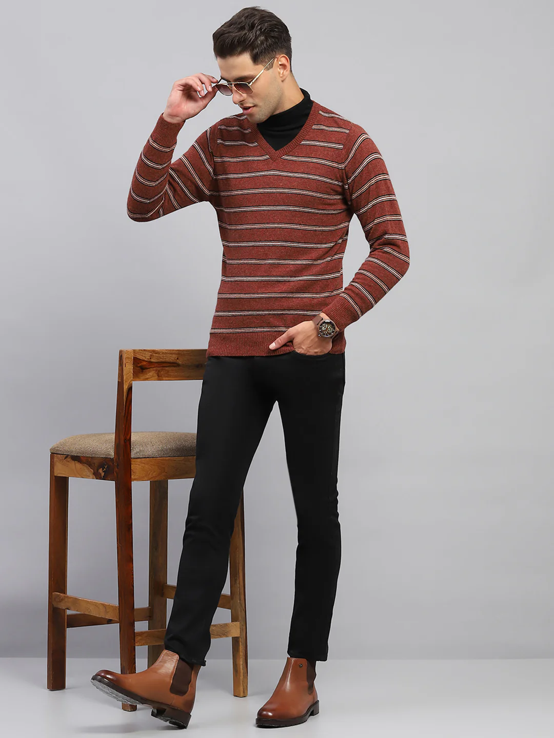 Men Rust Stripe V Neck Full Sleeve Pullover - Image 2