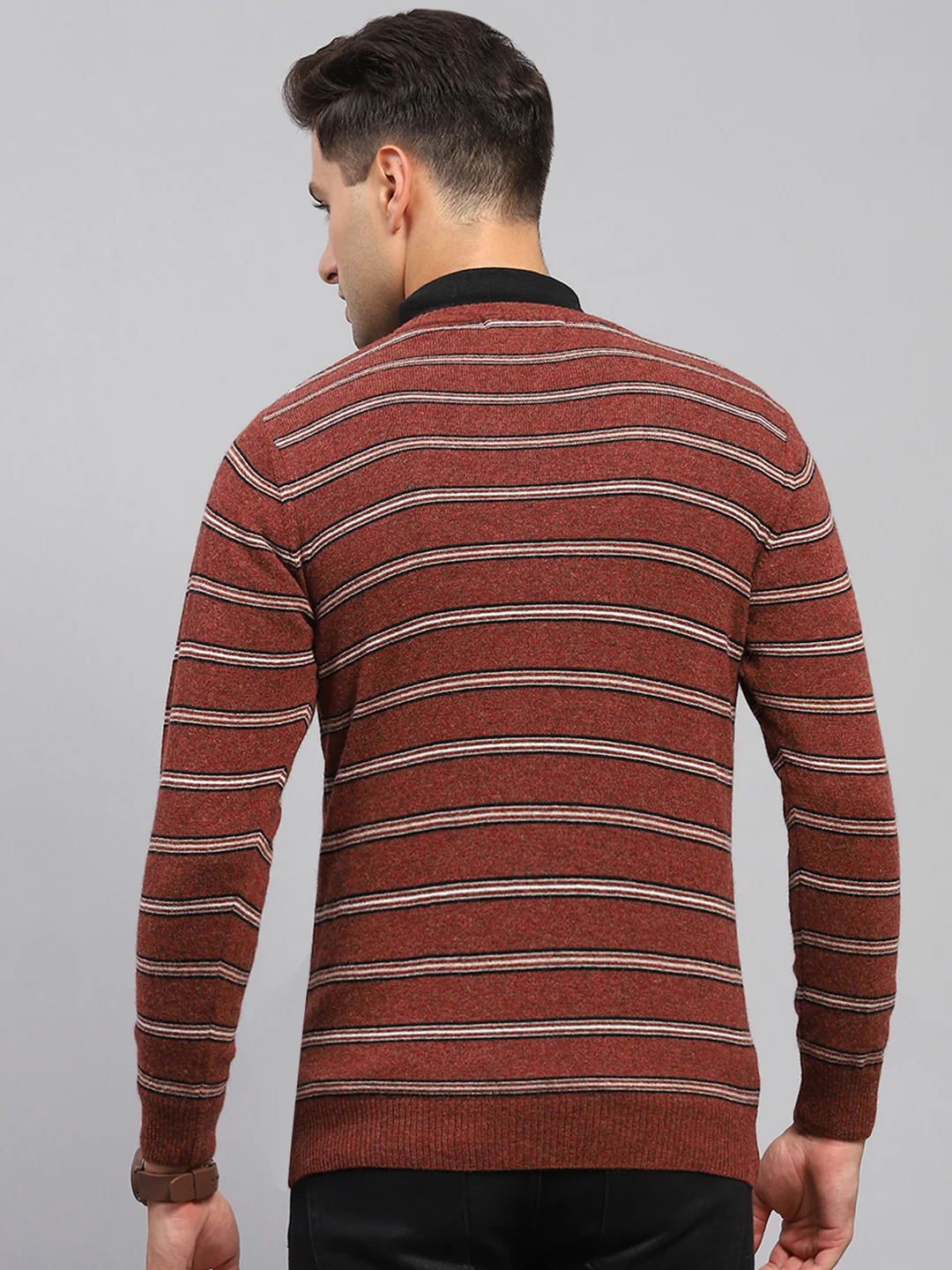 Men Rust Stripe V Neck Full Sleeve Pullover - Image 5