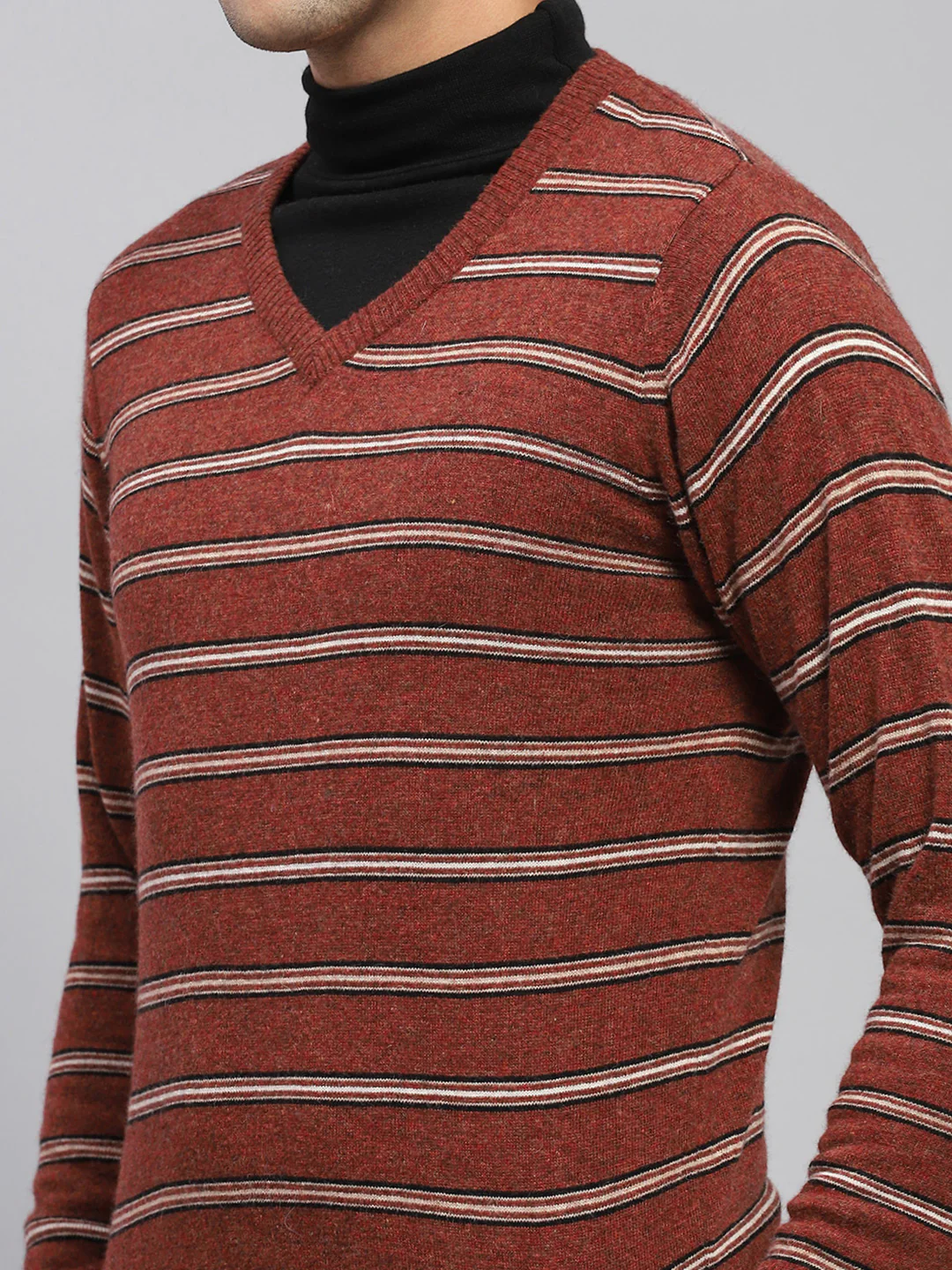 Men Rust Stripe V Neck Full Sleeve Pullover - Image 6