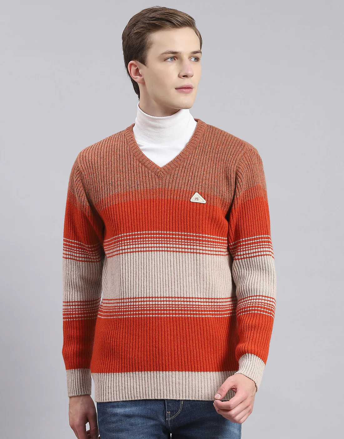 Men Rust Stripe V Neck Full Sleeve Sweater - Image 2