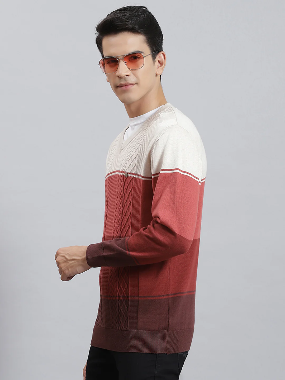 Men Rust Stripe V Neck Full Sleeve Sweaters/Pullovers - Image 3