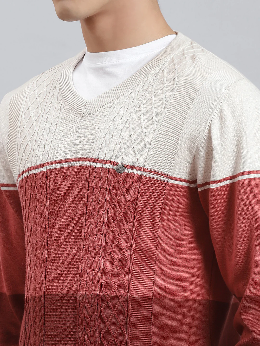 Men Rust Stripe V Neck Full Sleeve Sweaters/Pullovers - Image 6