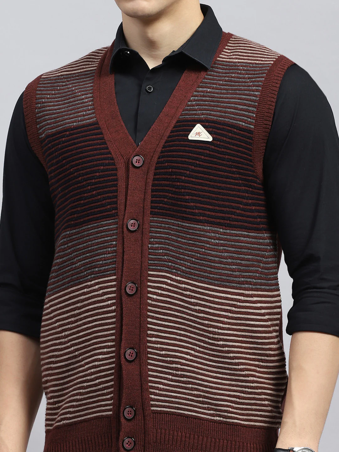 Men Rust Stripe V Neck Sleeveless Cardigan - Image 6