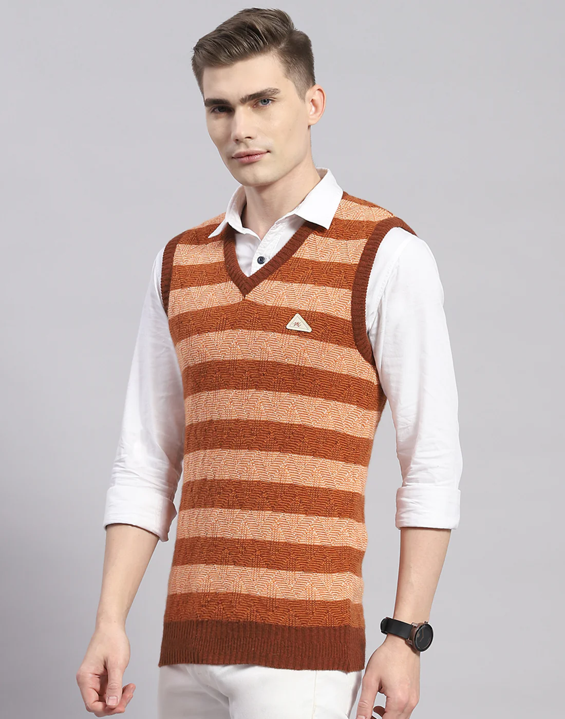 Men Rust Stripe V Neck Sleeveless Sweater - Image 3
