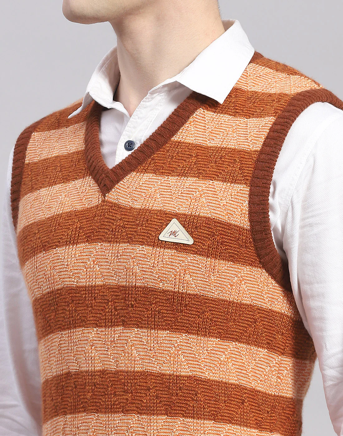 Men Rust Stripe V Neck Sleeveless Sweater - Image 7