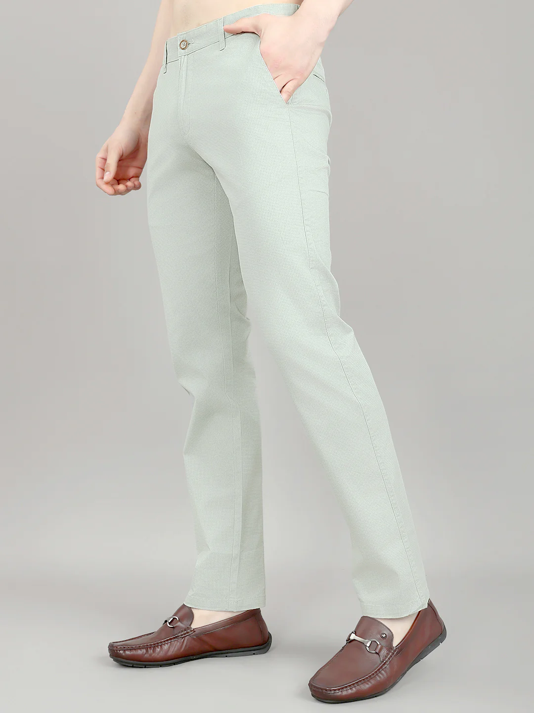 Men Sea Green Check Slim Fit Trouser - Image 2
