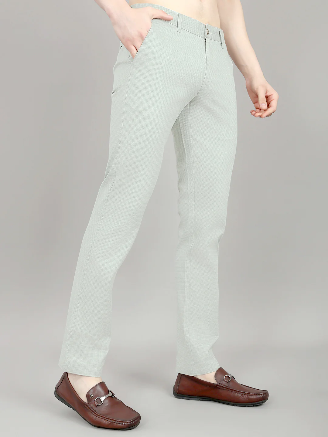 Men Sea Green Check Slim Fit Trouser - Image 3