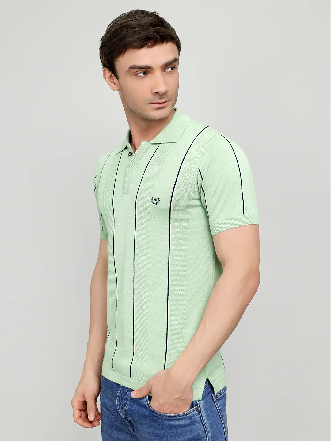 Men Sea Green Intarsia Collar Half Sleeve T-Shirt - Image 2