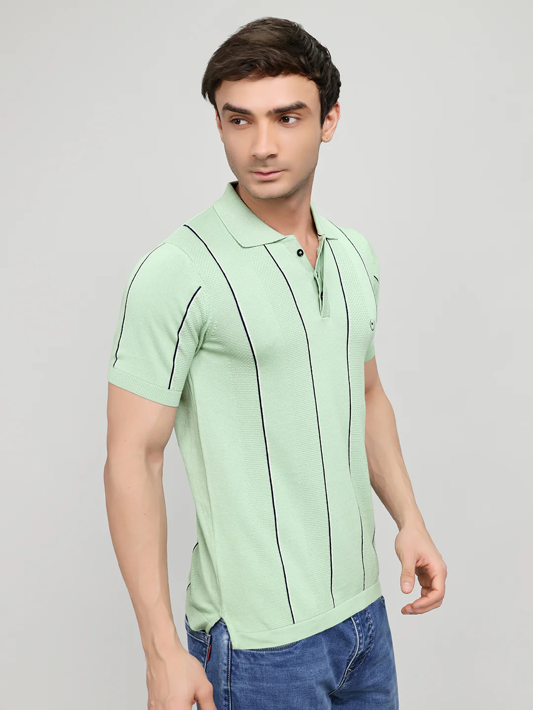 Men Sea Green Intarsia Collar Half Sleeve T-Shirt - Image 3